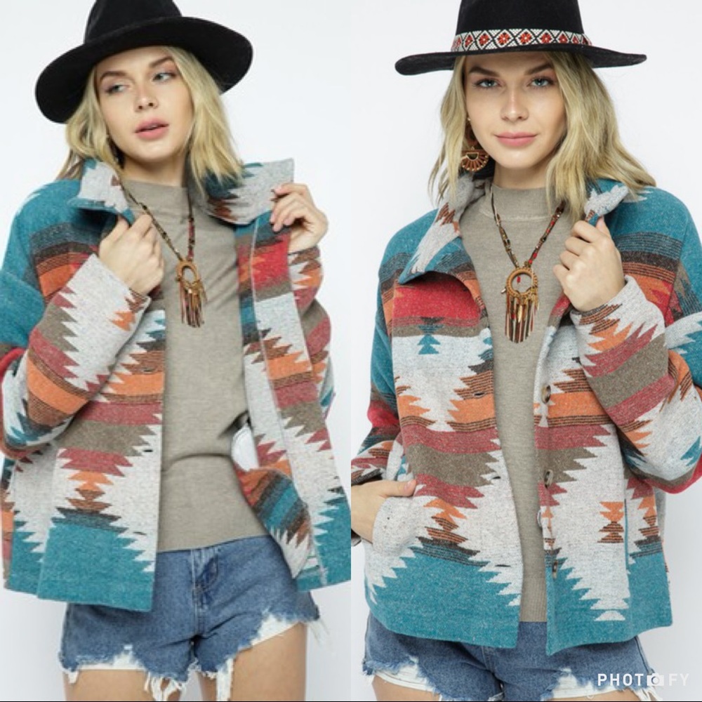 New Tribal Aztec Print Flannel Shacket Coat Jacket
